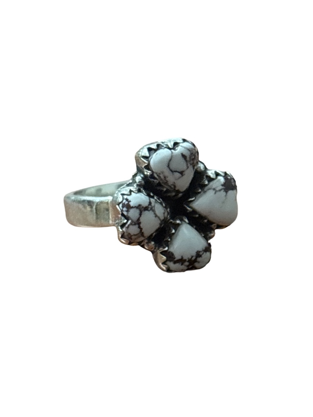 White Buffalo Heart Cluster Sterling Silver Ring